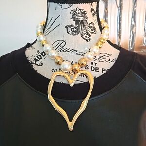 Pearls and gold beads huge heart Drama pendant  fr: local boutique